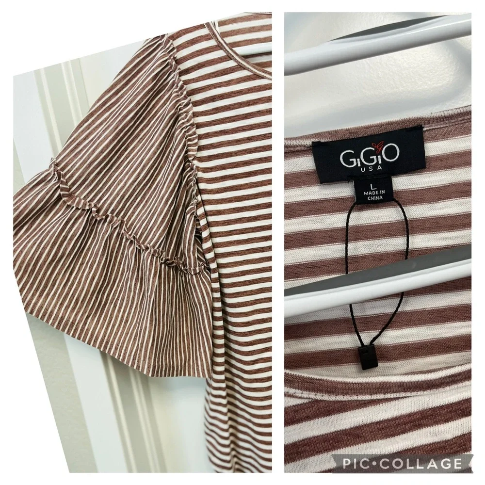 GIGIO USA RUFFLE CONTRASTING STRIPE SLEEVE TOP - Picture 3 of 3